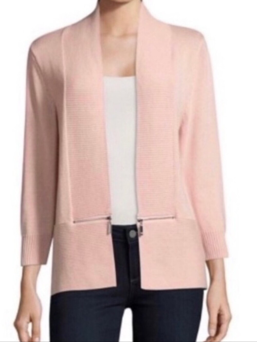 IVANKA TRUMP Blush Pink Open Front Cardigan With Gold Front Zipper Accents